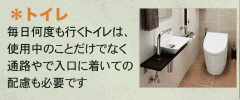 毎日何度も行くこのトイレは、使用中のことだけでなく通路や出入り口似ついての配慮も必要です